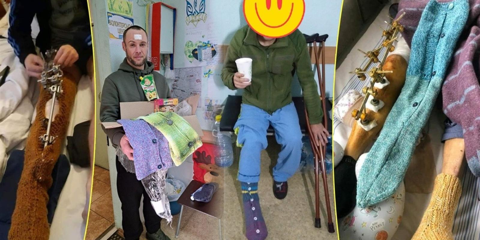 На Переяславщині жінка в’яже спеціальні шкарпетки для захисників, які можна вдягнути на ноги в гіпсі